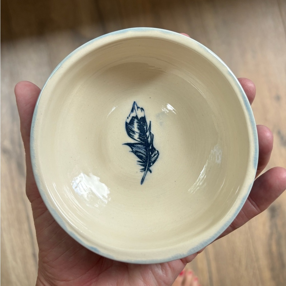 Hand Thrown Art Pottery Bowl Blue Feather Studio Clay Dish Rustic Handmade - Picture 10 of 12